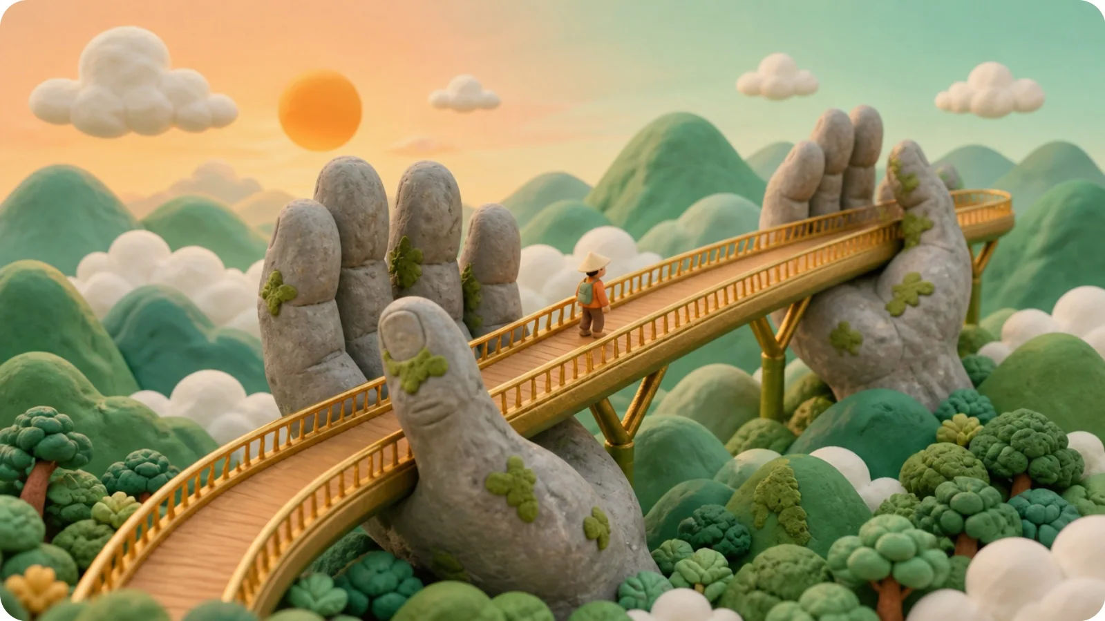 สะพานทองที่บานาฮิลส์ใกล้ดานังซึ่งมีมือหินสองข้างประคองไว้ โมเดลดินปั้น