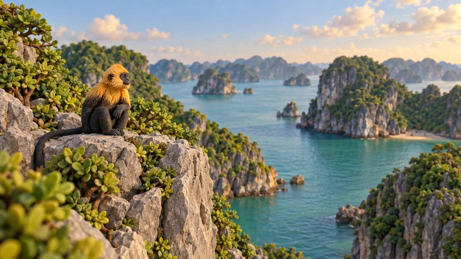 Langur o złotej głowie siedzący na wapiennym klifie nad zatoką z krasowymi wyspami