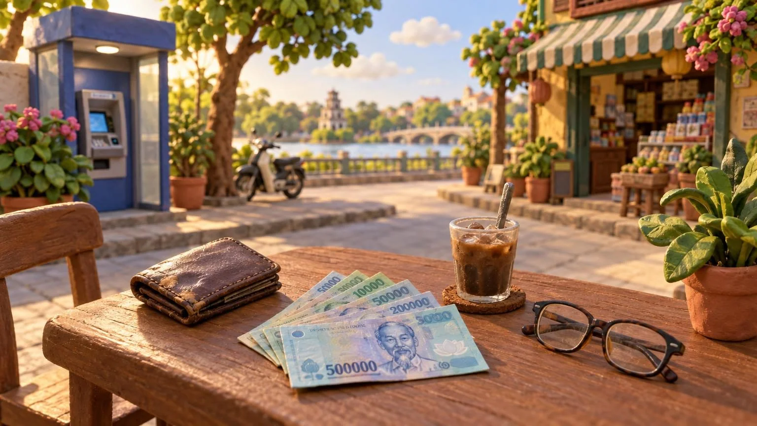 Wachlarz banknotów dong obok portfela i mrożonej kawy, model z gliny