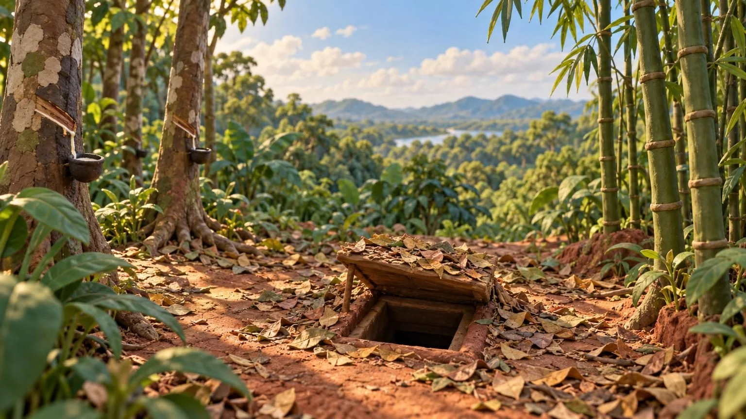 Wejście do tunelu Cu Chi na polanie w dżungli, z otwartą klapą, model z gliny