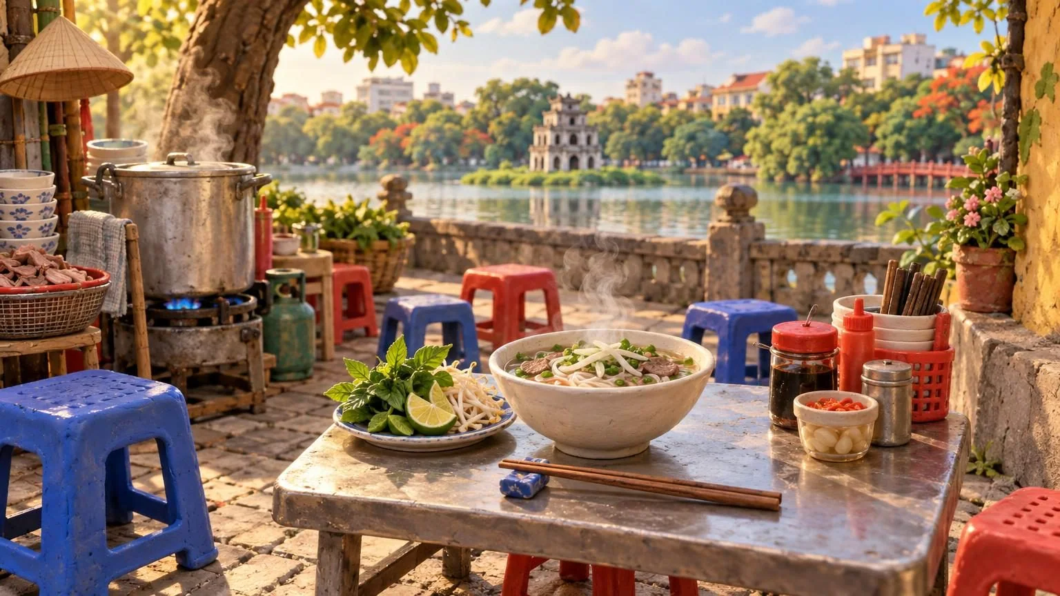 Stragan z pho na chodniku w Hanoi, parująca miska na niskim stoliku, model z gliny