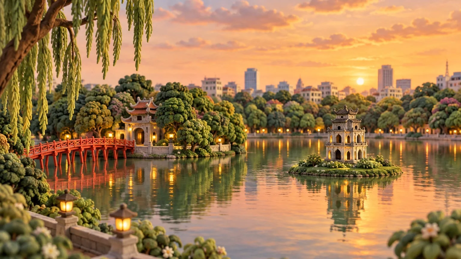 Jezioro Hoan Kiem w Hanoi o niebieskiej godzinie, z mostem The Huc, model z gliny
