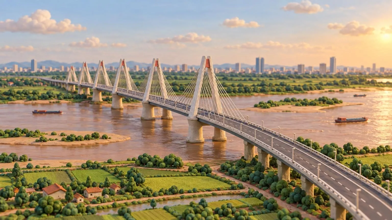 Most wantowy Nhat Tan nad Rzeką Czerwoną koło Hanoi, model z gliny