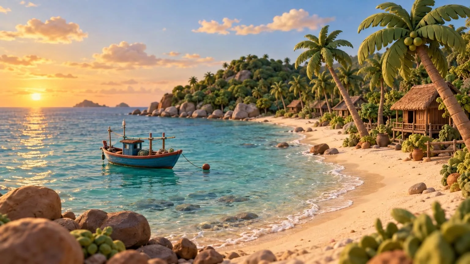 Plaża na Phu Quoc z jasnym piaskiem i drewnianą łodzią rybacką, model z gliny