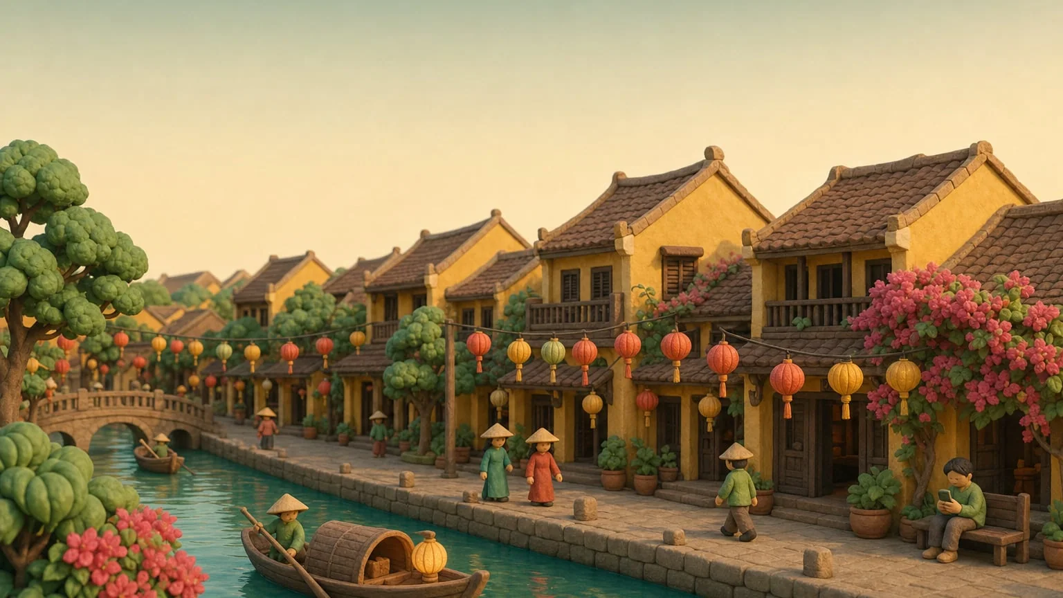 Stare miasto w Hoi An o zmierzchu, papierowe lampiony nad rzeką, model z gliny