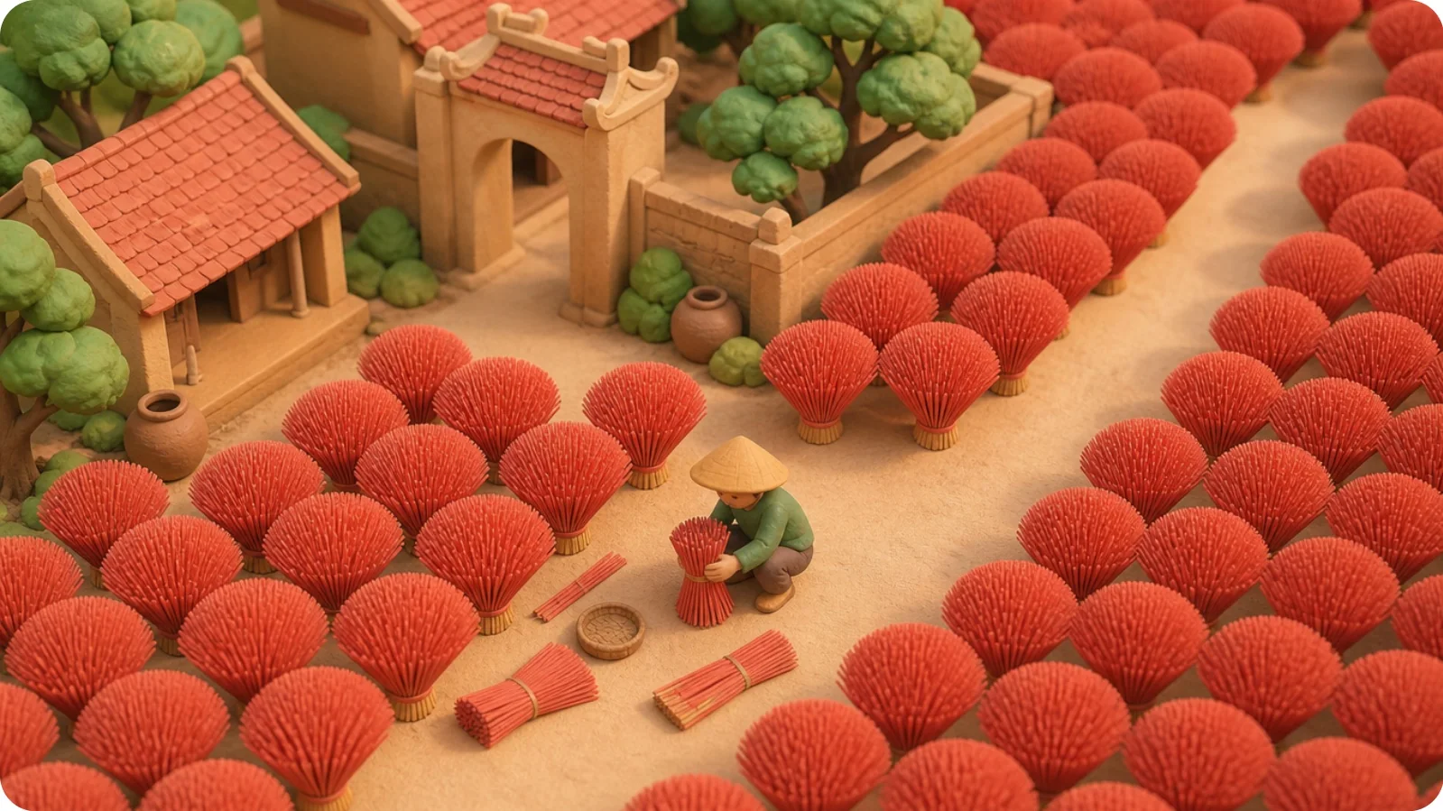 หมู่บ้านทำธูปกว๋างฟูเกิ่วใกล้ฮานอยกับมัดธูปสีแดง โมเดลดินปั้น
