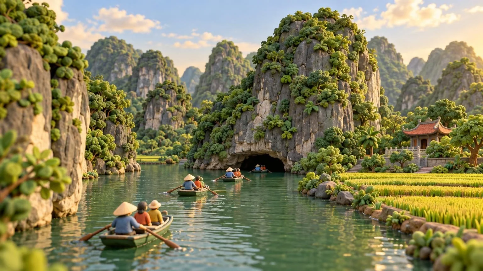 Łodzie wiosłowe płynące między wapiennymi wieżami w Trang An w Ninh Binh, model z gliny